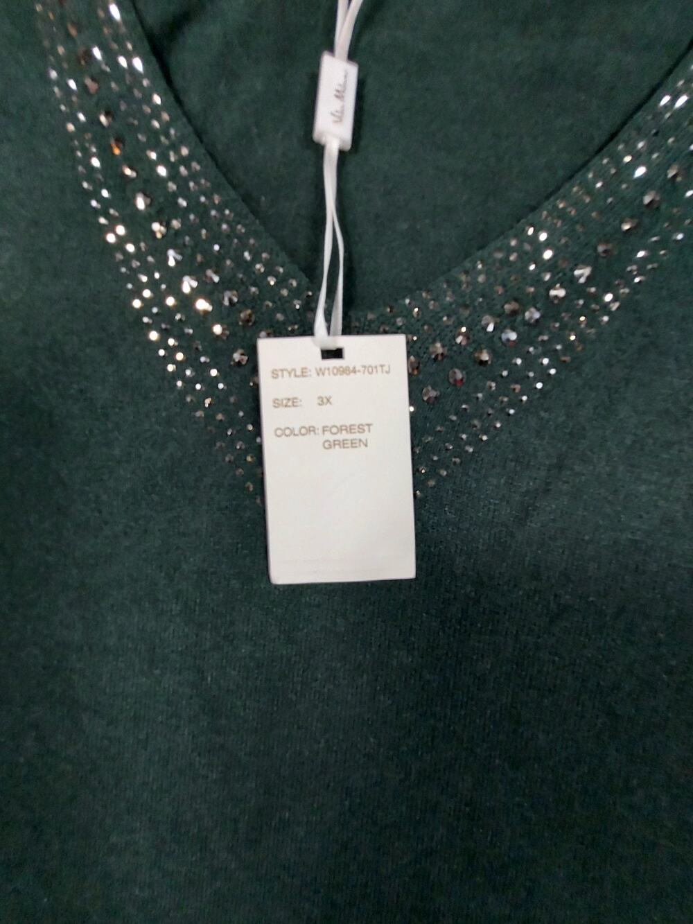 Vila Milano Woman Sweater 3X Green Rhinestone Embellished V-Nexk Knit NWT